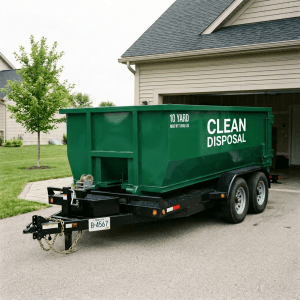 Green clean dumpster no lid on trailer driveway