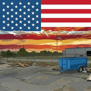 Construction truck and dumpster in lot with American flag in background and sunset sky